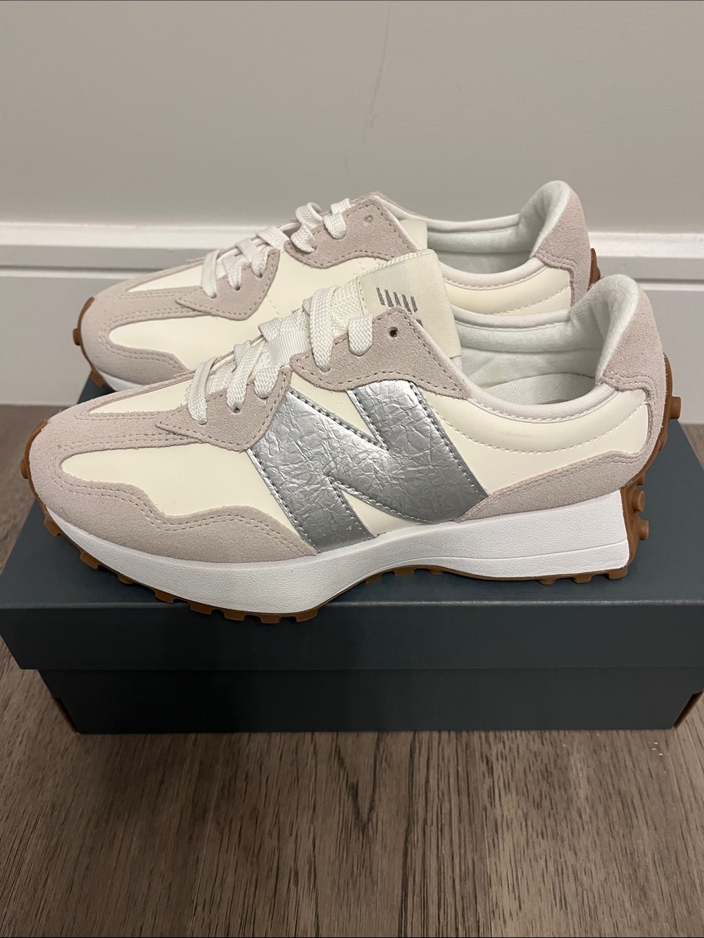 New Balance 327 sneaker. US womens size 6.5. Beige. Grey. Silver. New in box.